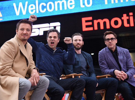 Robert Downey Jr. (Iron Man), Chris Evans (Captain America), Mark Ruffalo (The Hulk) and Jeremy Renner Robert Downey Jr. (Iron Man), Chris Evans (Captain America), Mark Ruffalo (The Hulk) and Jeremy Renner
